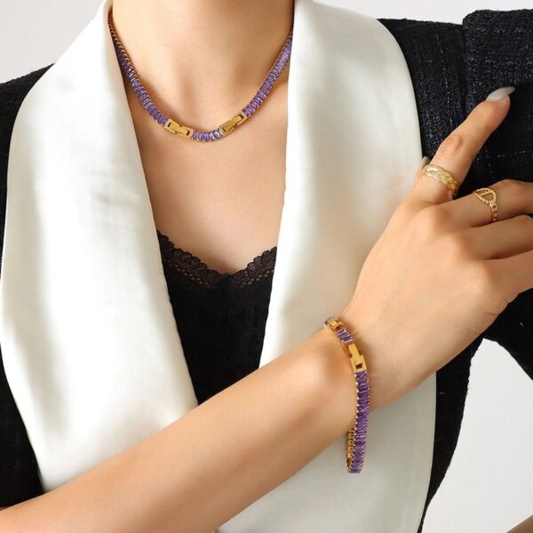 French Style Geometric Splicing purple Zircon Bracelets & Necklace