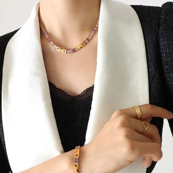 French Style Geometric Splicing multicolor Zircon necklace & bracelet