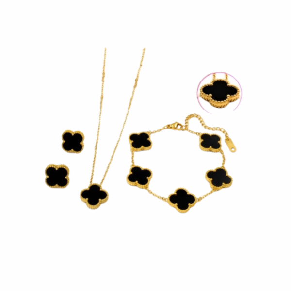 Golden Four Leaf Clover Black SET